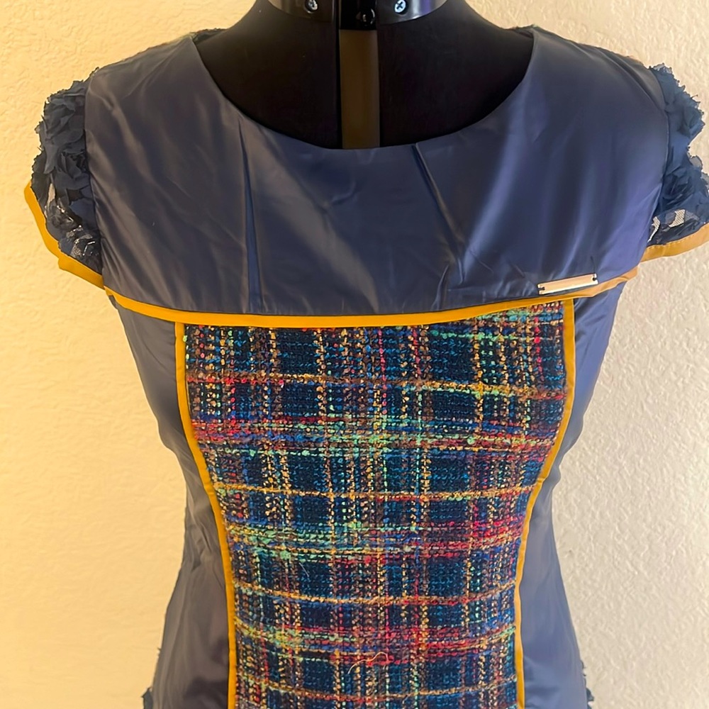 Boutique Tweed Faux Ashley Leather Dress  Lined Floral Hem